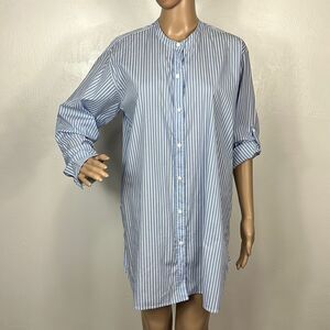 Pure DKNY Striped White And Blue Hi-Low Hem Button Up Tunic Top Size M